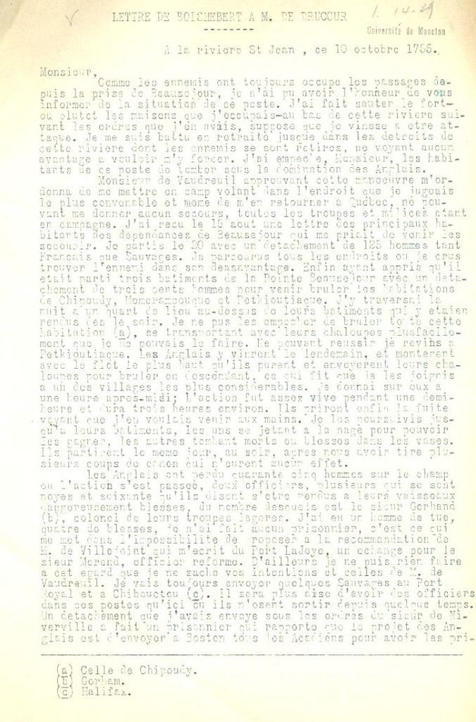 Letter from Boishébert to Drucour, 1755