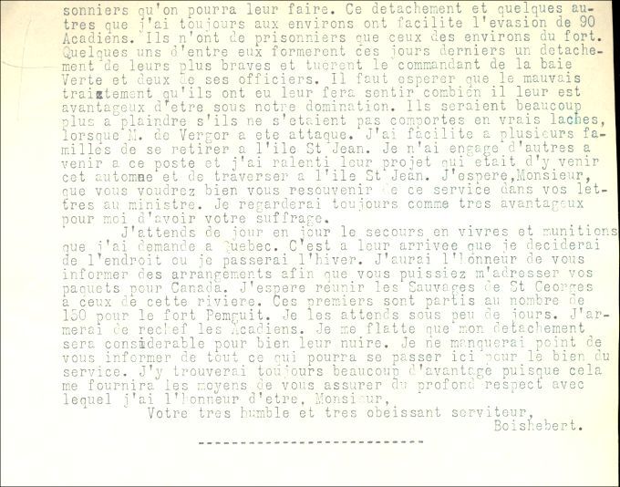 Lettre de Boishébert à Drucour, 1755