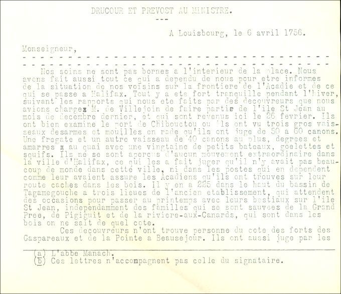 Letter from Drucour and Prevost to the Naval Minister, 1756