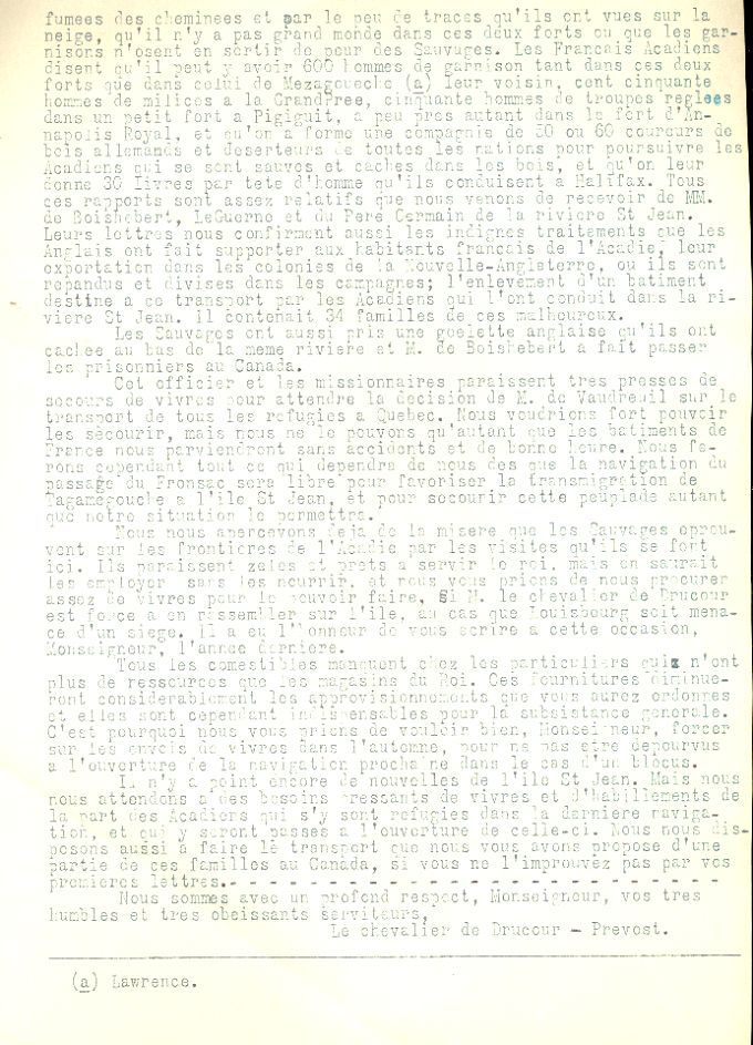 Lettre de Drucour et de Prevost au ministre de la Marine, 1756