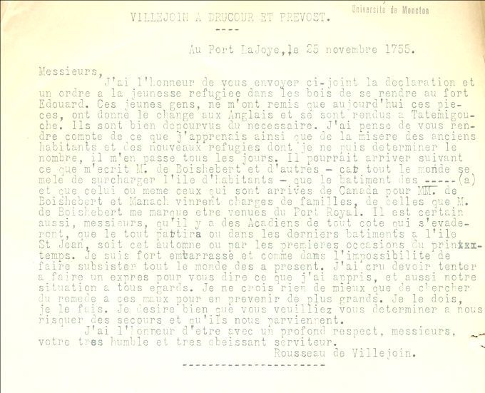Letter from Villejouin to Drucour and Prevost, 1755