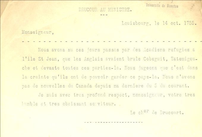 Letter from Drucour to the Naval Minister, 1755