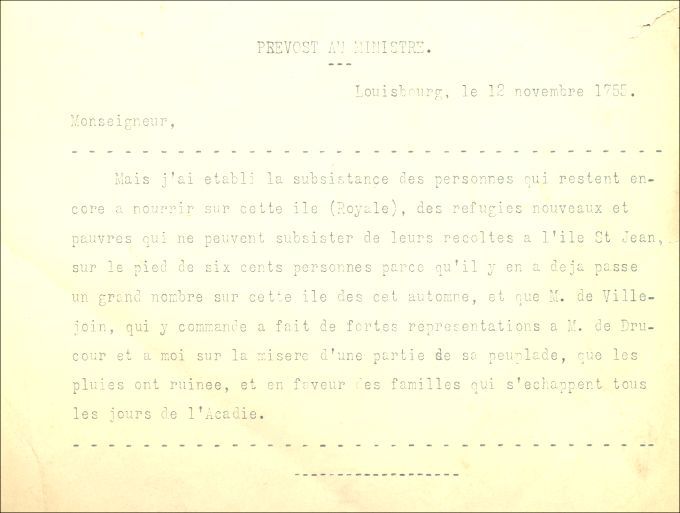 Letter from Prevost to the Naval Minister, 1755