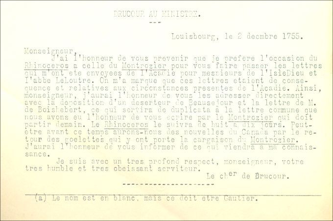 Letter from Drucour to the Naval Minister, 1755