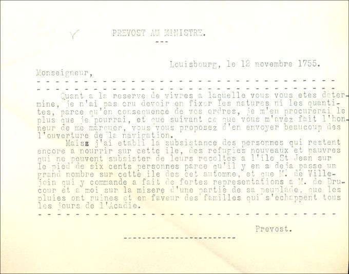 Letter from Drucour to the Naval Minister, 1755