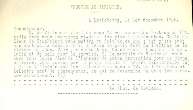 Letter from Drucour to the Naval Minister, 1756