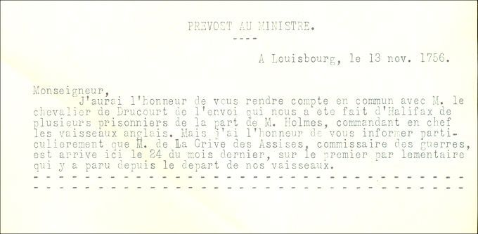 Letter from Prevost to the Naval Minister, 1756