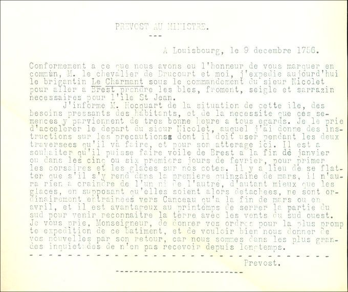 Lettre de Prevost au ministre de la Marine, 1756