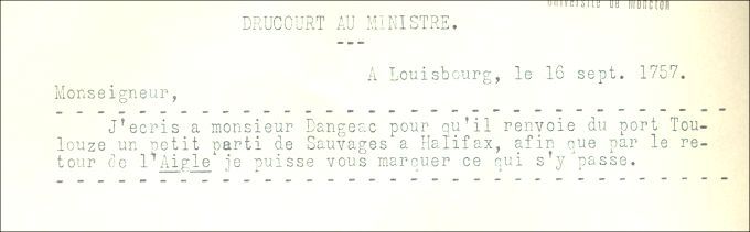 Letter from Drucour to the Naval Minister, 1757