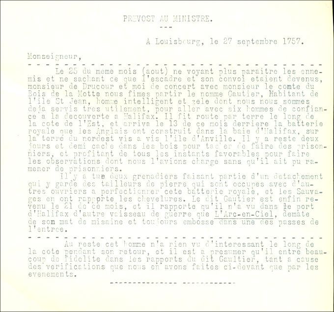 Letter from Prevost to the Naval Minister, 1757