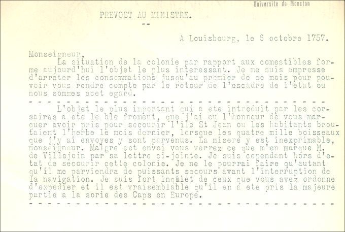 Lettre de Prevost au ministre de la Marine, 1757