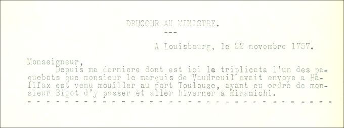 Letter from Drucour to the Naval Minister, 1757