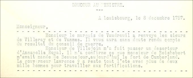 Letter from Drucour to the Naval Minister, 1757