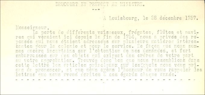 Letter from Drucour and Prevost to the Naval Minister, 1757