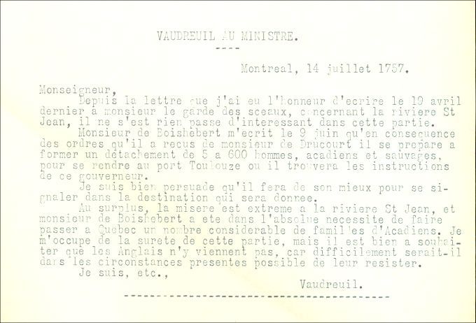 Letter from Vaudreuil to the Naval Minister, 1757