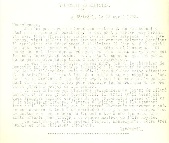 Letter from Vaudreuil to the Naval Minister, 1758