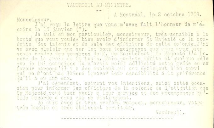 Letter from Vaudreuil to the Naval Minister, 1758