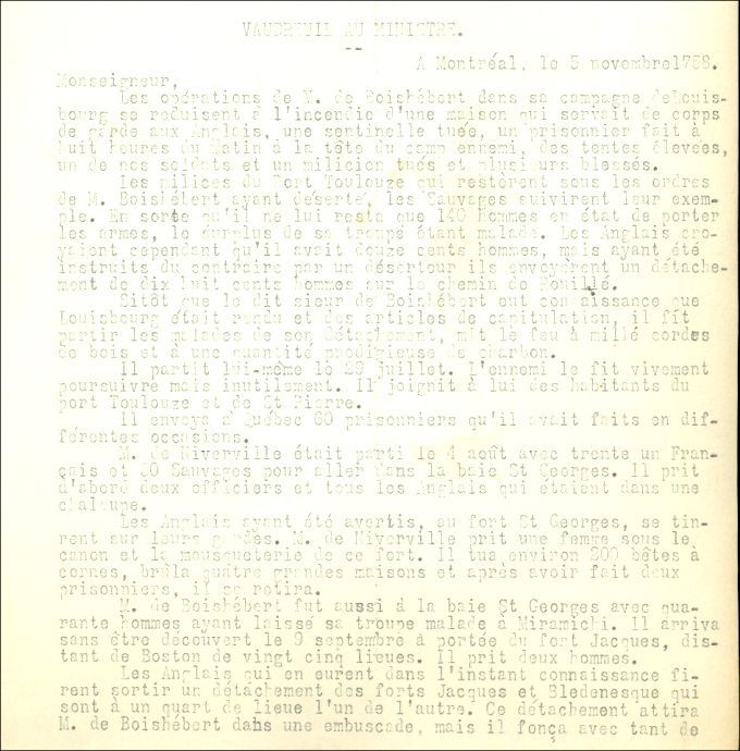 Letter from Vaudreuil to the Naval Minister, 1758