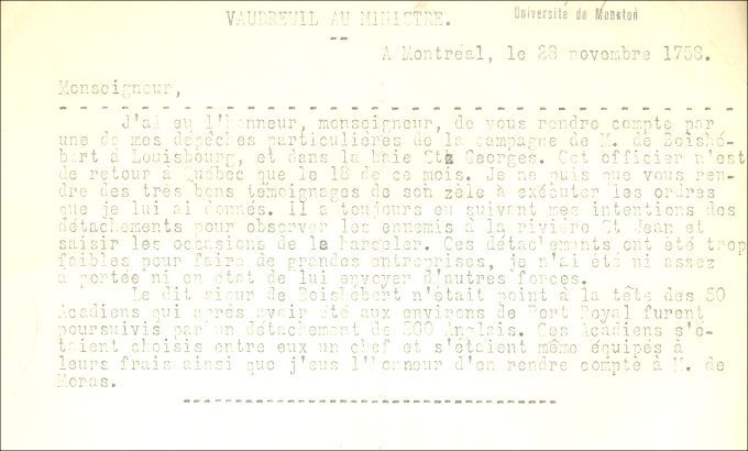 Letter from Vaudreuil to the Naval Minister, 1758