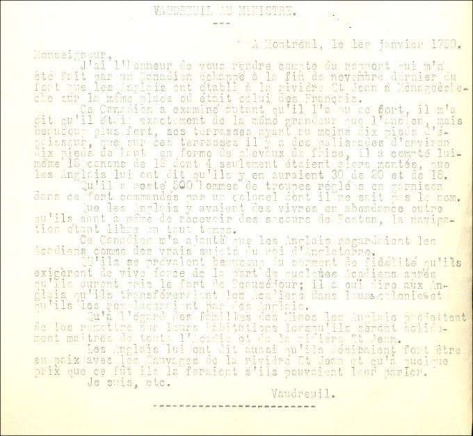 Letter from Vaudreuil to the Naval Minister, 1759