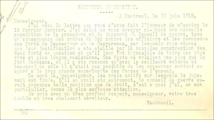 Letter from Vaudreuil to the Naval Minister, 1758
