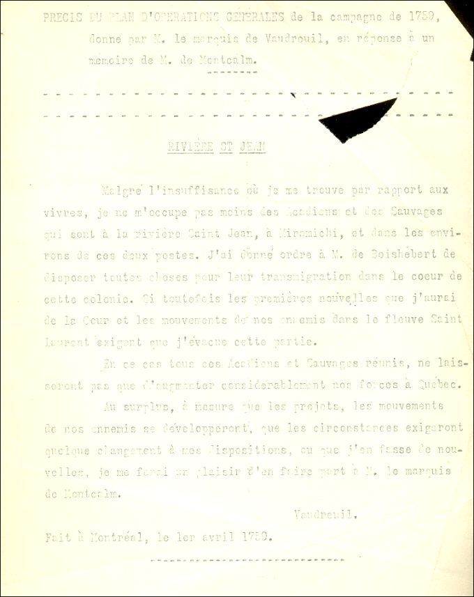 Letter from Vaudreuil to the Naval Minister, 1759
