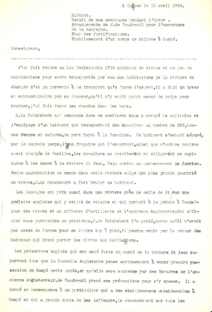 Lettre de Bigot au ministre de la Marine, 1756