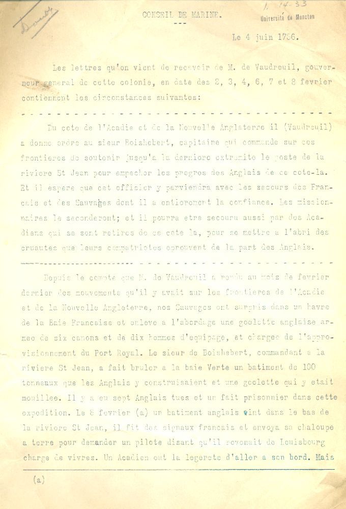 Report by the "Conseil de la Marine", 1756