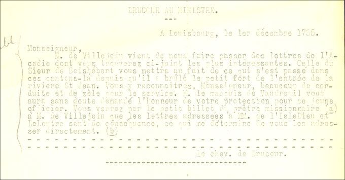 Letter from Drucour to the Naval Minister, 1755