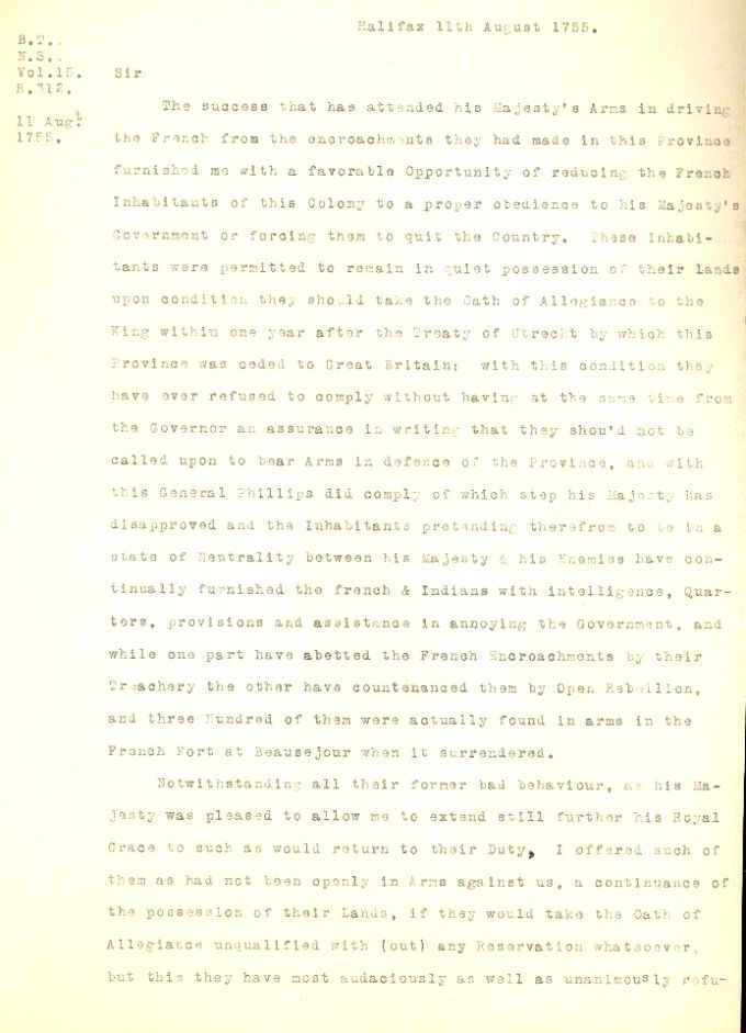 Letter from Lawrence to the Governors of the British colonies of America, 1755