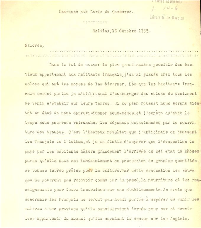 Letter from Lawrence to the Lords of Trade, 1755