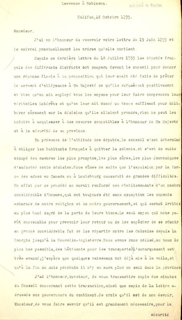 Letter from Lawrence to Robinson, 1755