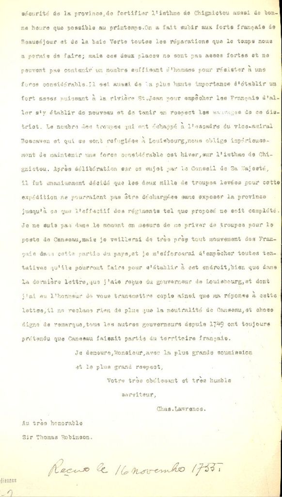 Lettre de Lawrence à Robinson, 1755