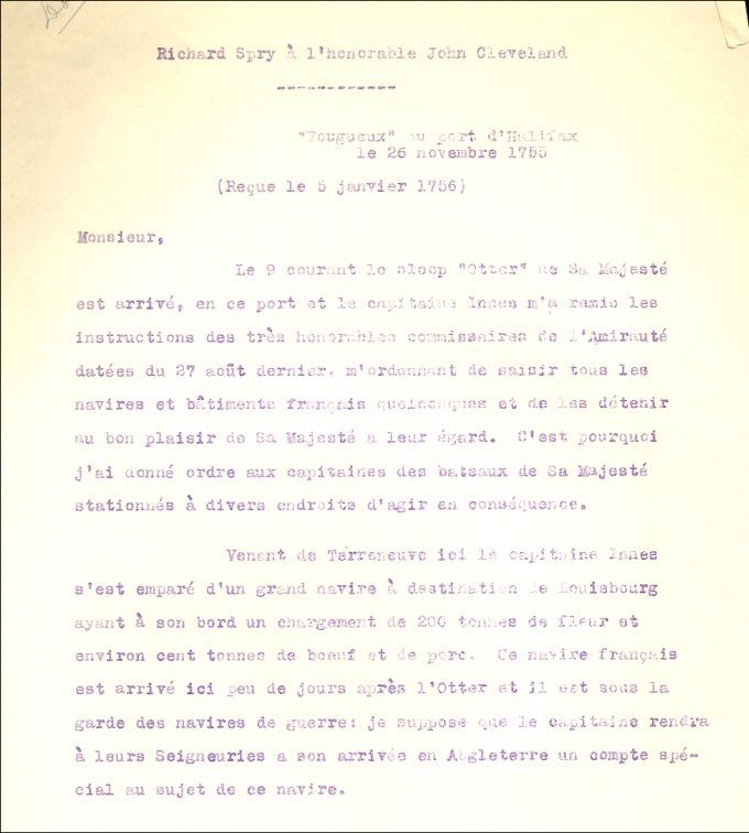 Letter from Spry to Cleveland, 1755