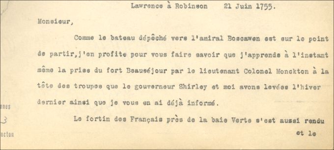 Letter from Lawrence to Robinson, 1755