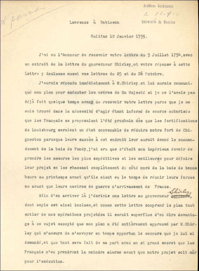 Letter from Lawrence to Robinson, 1755