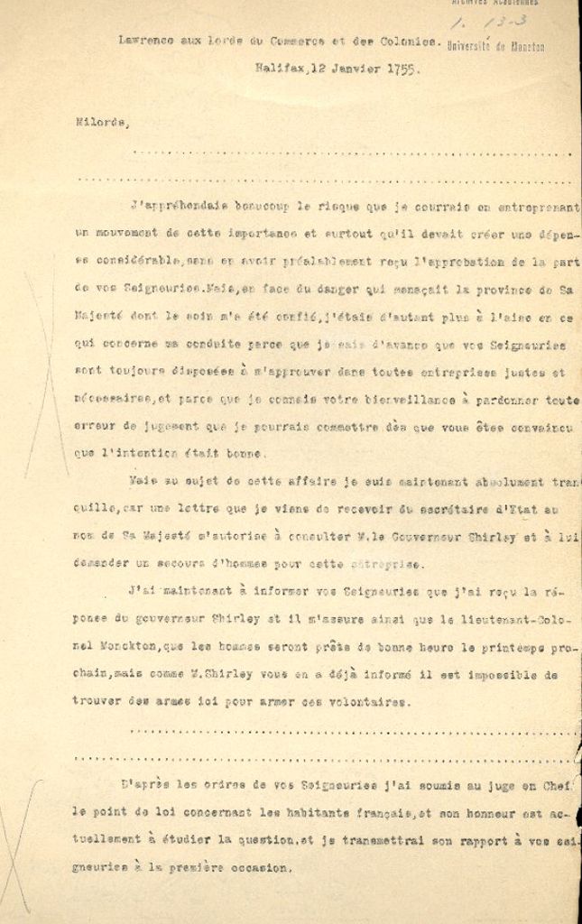 Lettre de Lawrence aux Lords du Commerce, 1755