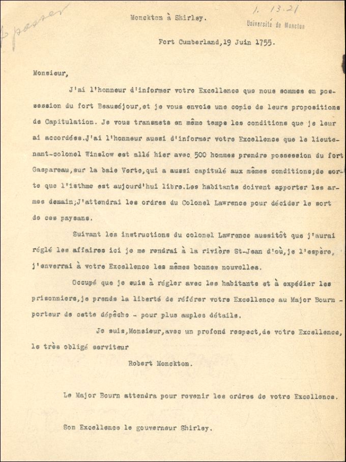 Letter from Monckton to Shirley, 1755