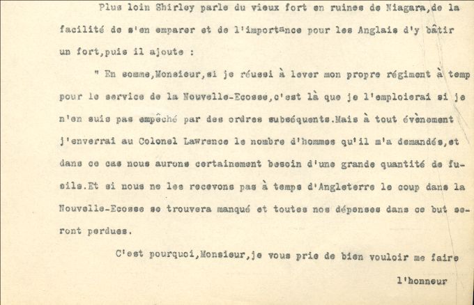 Commentaires de Placide Gaudet au sujet d'extraits de lettres de W. Shirley