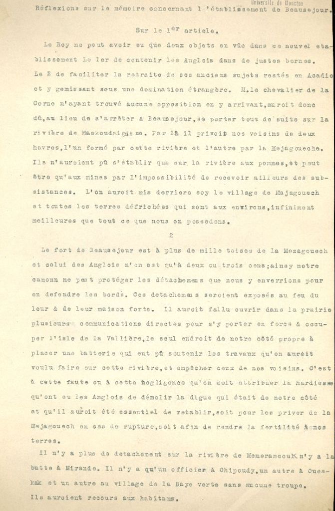 Pichon's reflexions concerning Le Loutre's report, 1754