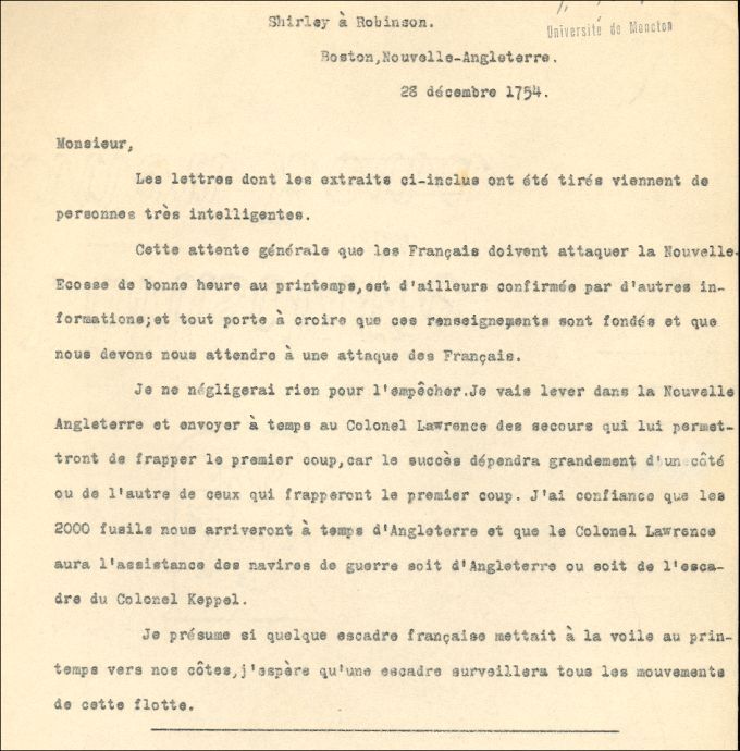 Lettre de Shirley à Robinson, 1754