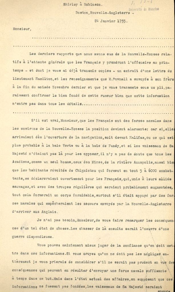 Lettre de Shirley à Robinson, 1755
