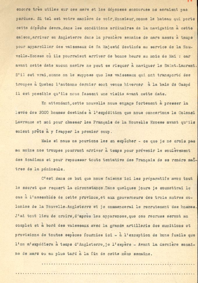 Lettre de Shirley à Robinson, 1755