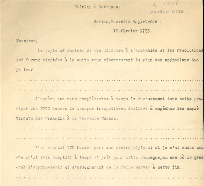 Letter from Shirley to Robinson, 1755