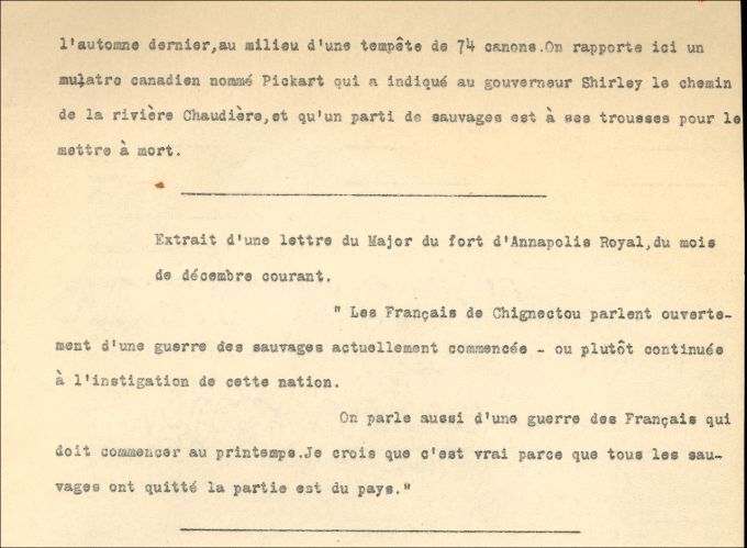 Letter from a Major at Annapolis Royal to an unknown addressee, 1754