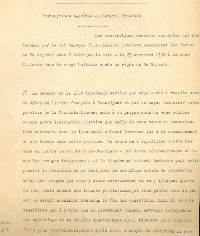 Instructions secrètes à Braddock, 1754