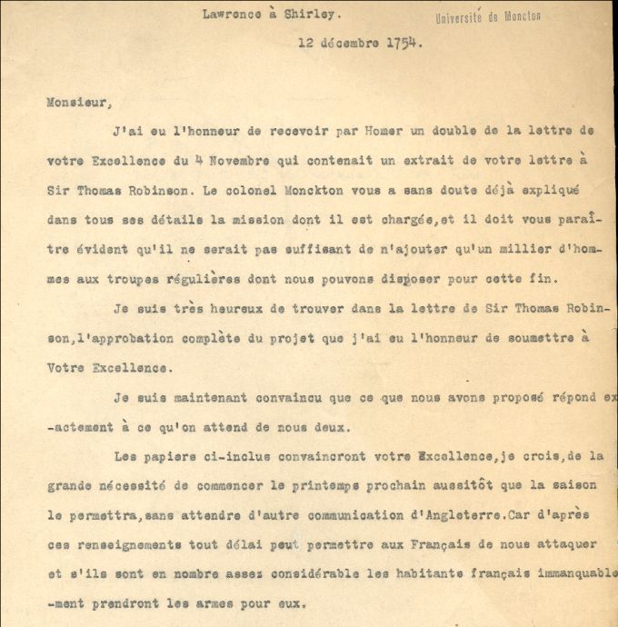 Lettre de Lawrence à Shirley, 1754