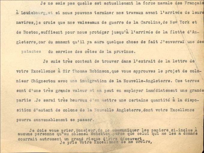 Lettre de Lawrence à Shirley, 1754