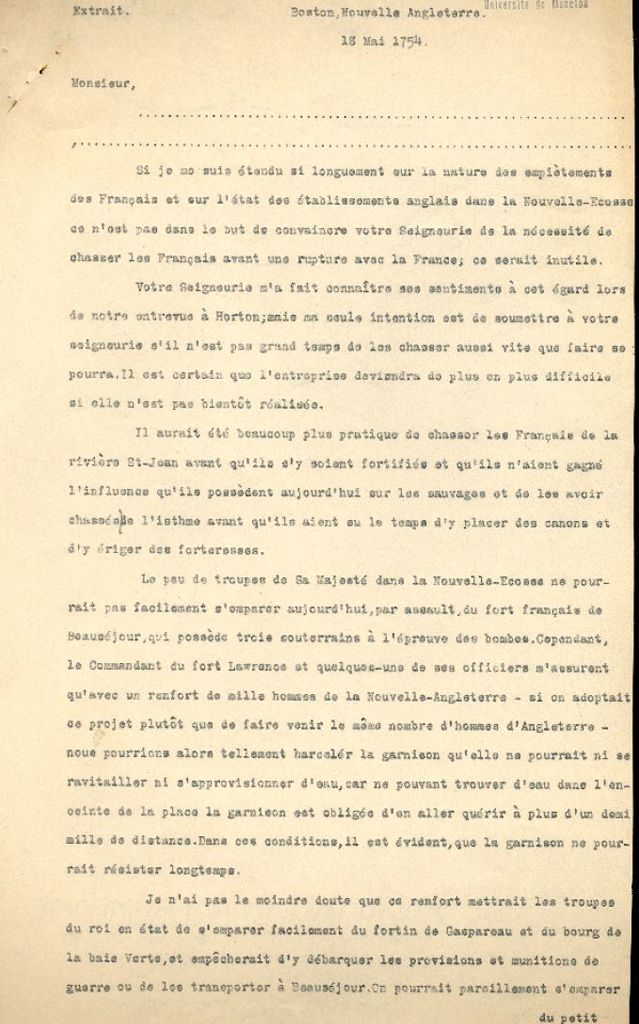 Letter from Shirley to Robinson, 1754