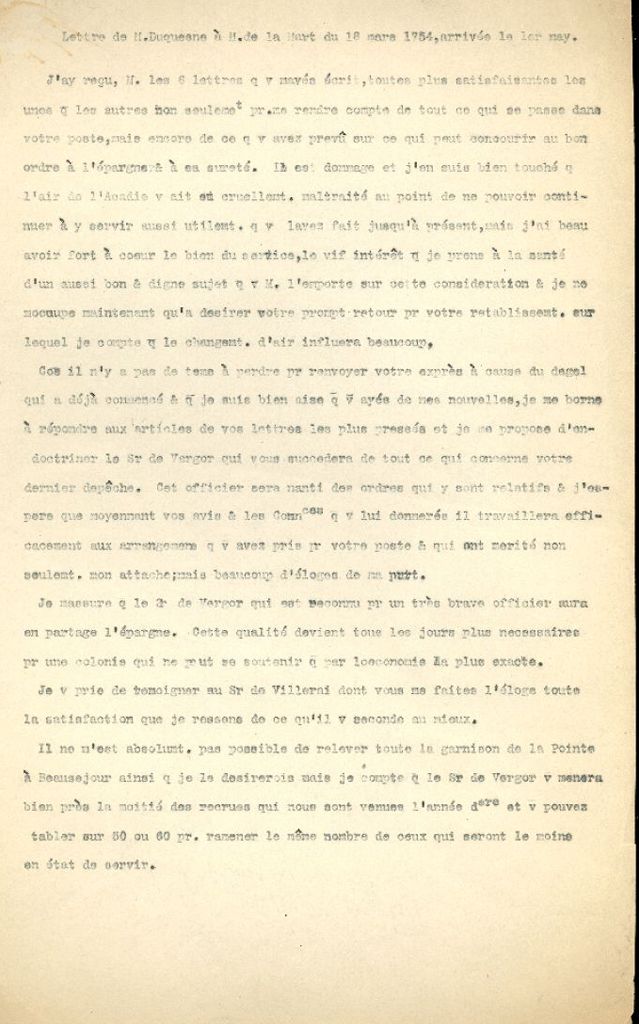 Letter from Duquesne to de La Martinière, 1754